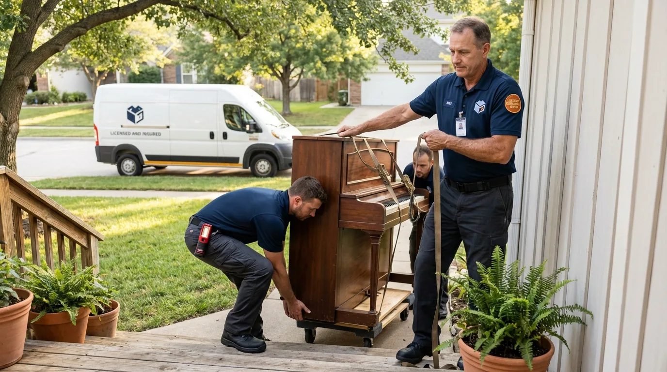 Licensed piano movers securing grand piano in Statenville, GA