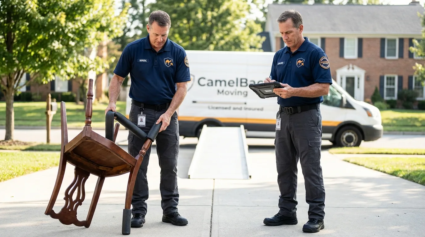 Movers inspecting furniture for damage prevention before loading in Statenville, GA