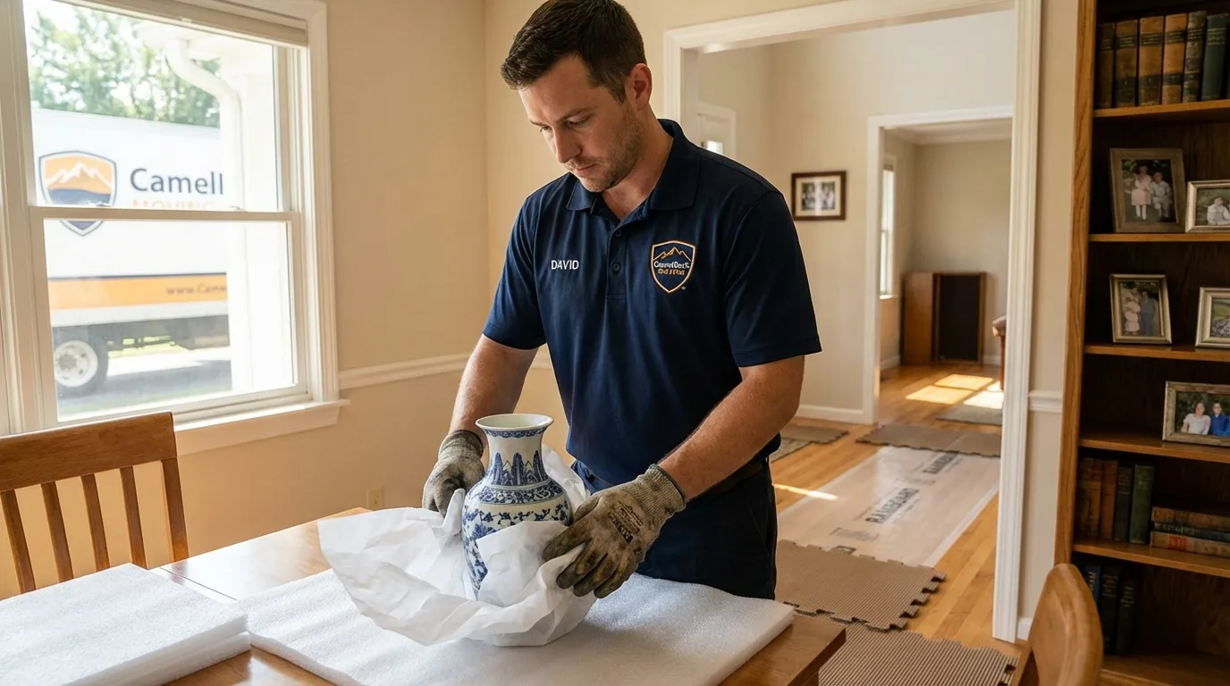 Professional crew carefully wrapping antique vase for senior downsizing move in Statenville, GA
